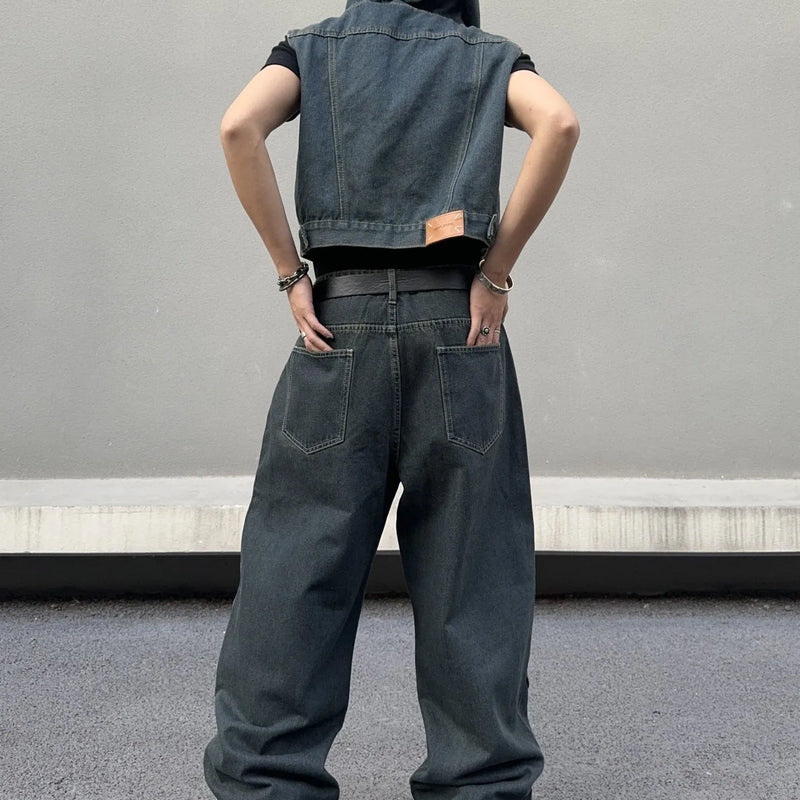 UP.THE Men Dark Raw Denim Baggy Wide Leg Jeans, Y2K | SAMAG