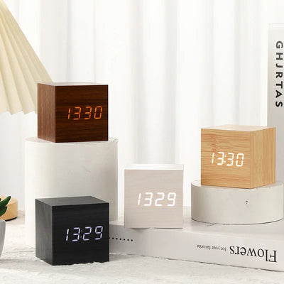 Digital LED Alarm Clock Square Wooden Retro Luminous | SAMAG