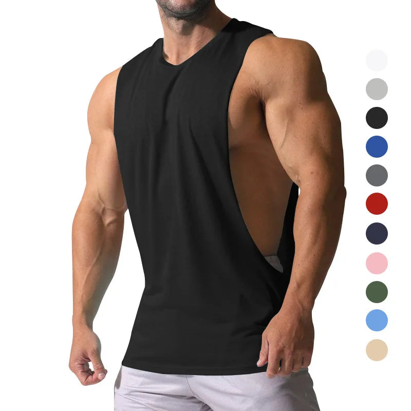 Casual Loose Men Vests Summer O-Neck Sleeveless Male Solid Color Big Side Split Tee Shirts  CBFS-23075