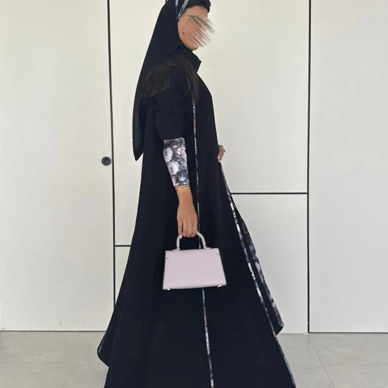 Long Raglan Sleeve Abaya with Contrast Print Details | SAMAG