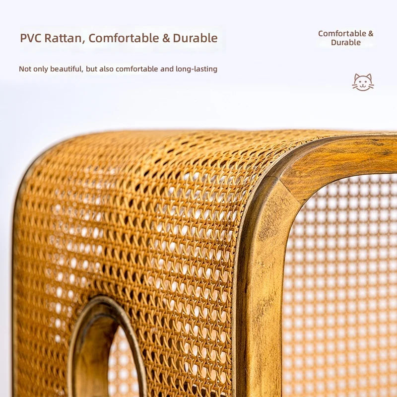Double-Layer Wicker & Solid Wood Cat Bed for Cats and Small Dogs, Semi-Enclosed Large Cat Sofa, Indoor Pet Nest, Cat House