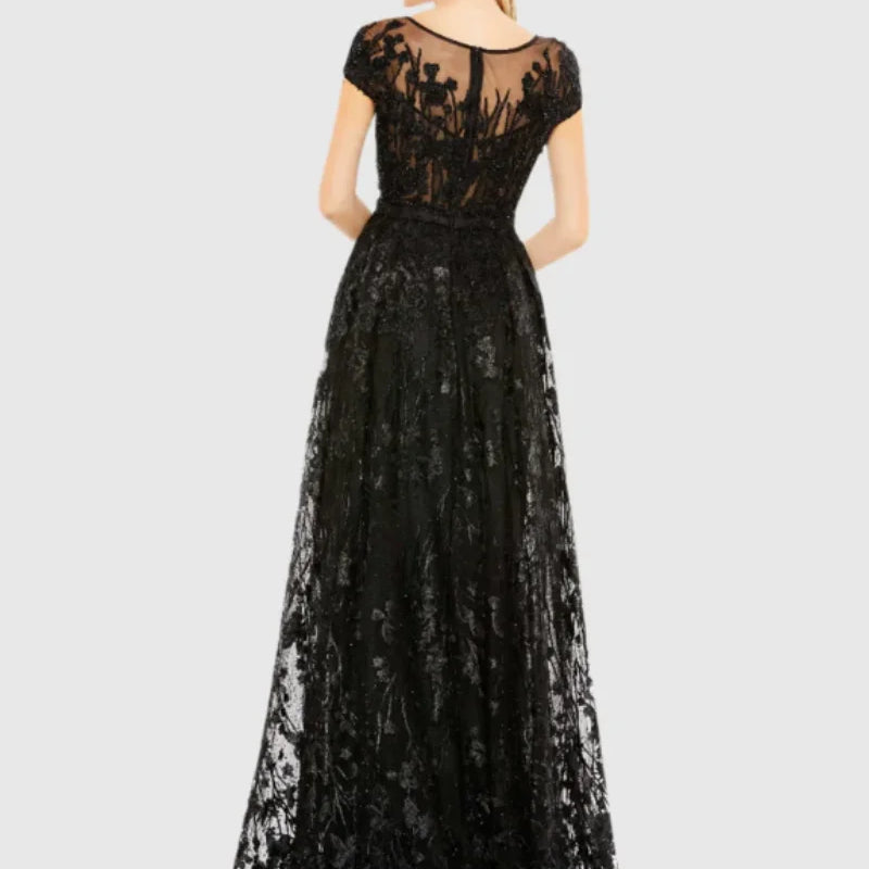 Customized Black Lace Appliques Prom Dress Long Sleeves | SAMAG