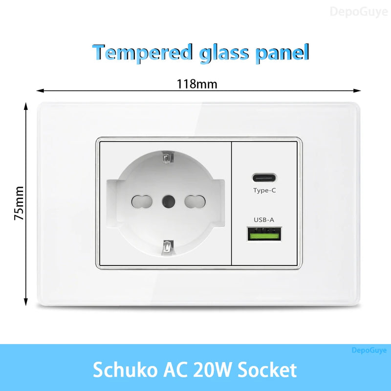 White Tempered Glass Italy USB Type C Smart Fast Charging Wall Socket Plugs Schuko Light Switch Panel Chile TV Sat Computer CAT6