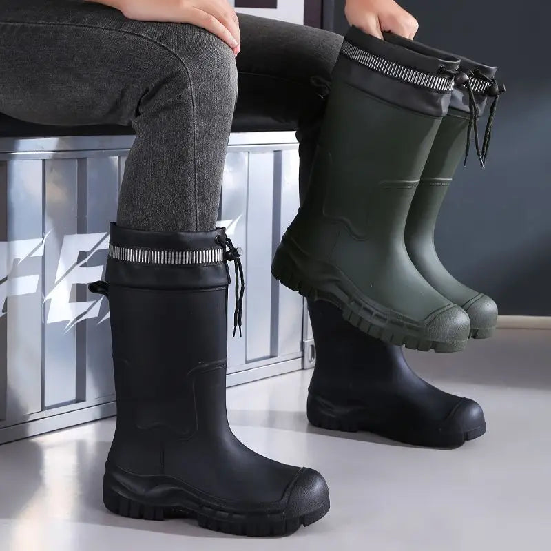 Stylish Men's Tall Rain Shoes New Cinch-Top Waterproof Non-Slip Mid-Calf Boots for Work Fishing Kitchen Use