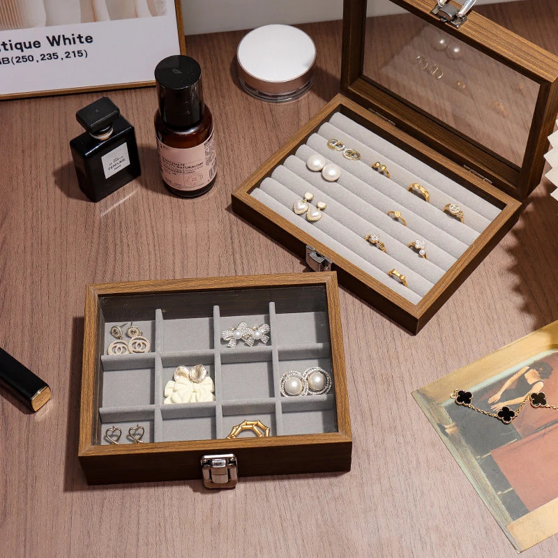 Walnut wood color jewelry box; exquisite wooden ring box, earrings, studs, necklace, trinkets multi-compartment storage box
