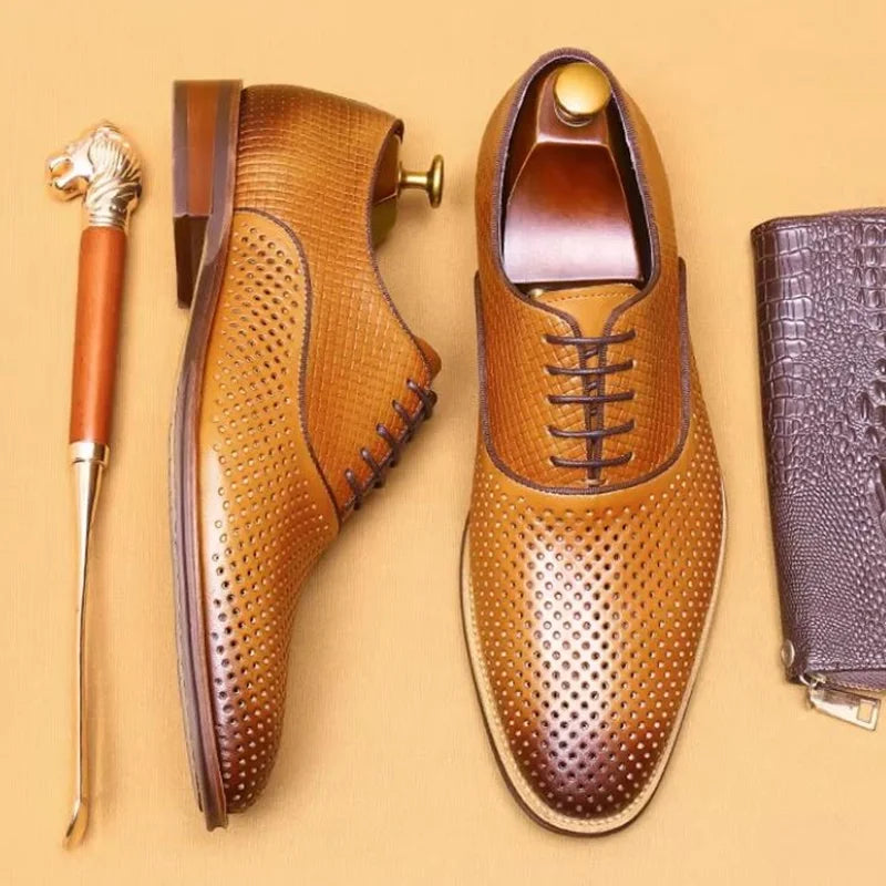 Men's Business Casual Oxford Shoes Real Cow Leather Comfortable Breathable Hollow Leather Summer Shoes White Dress Shoes