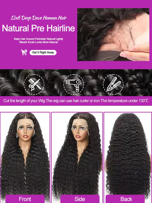 40 46 Inch Deep Wave Lace Frontal Wig 13x4 13x6 Hd Transparent Curly Human Hair Lace Front Wigs For Black Women Water Wave Lace Wigs Pre Plucked Baby Hair 300 High Density Burmese Human Hair