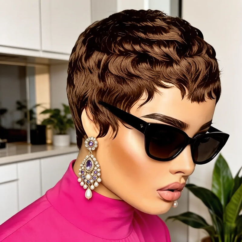 Short Natural Wavy Pixie Cut Human Hair Wigs for Women full machine made Human Hair Tiny Curly Short Pixie Wig