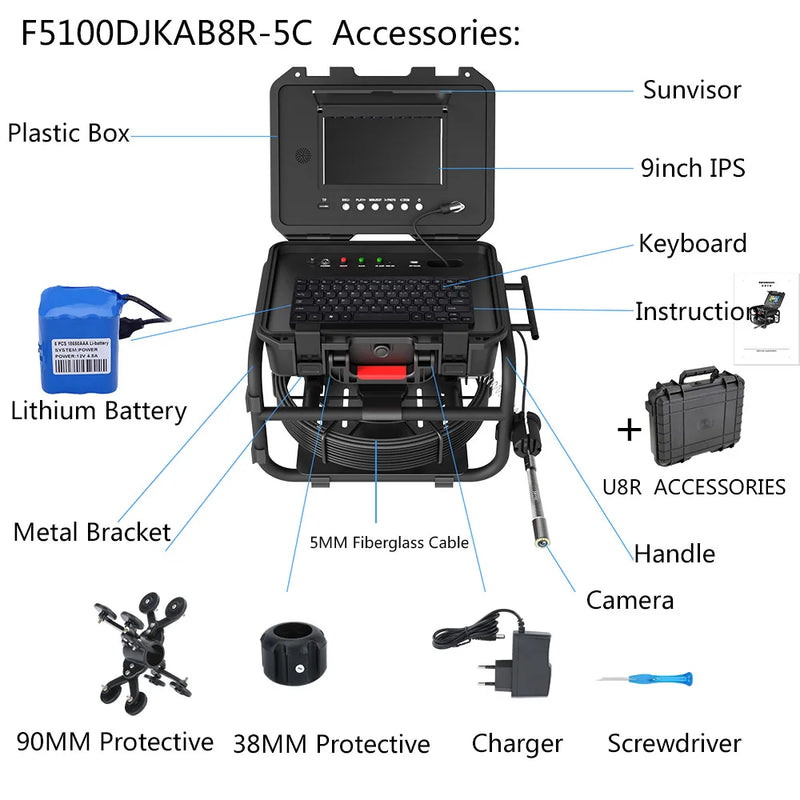 GAMWATER Sewer Pipe Inspection Camera with 512HZ Locator Self-Leveling Video+Audio Record Meter Counter 9"1080P Endoscope Camera