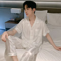 White Striped Men Pajamas Suit Short Sleeved Long Pants Thin Ice Silk Sleepwear Summer Satin Silk Home Clothing Set Pyjamas Male