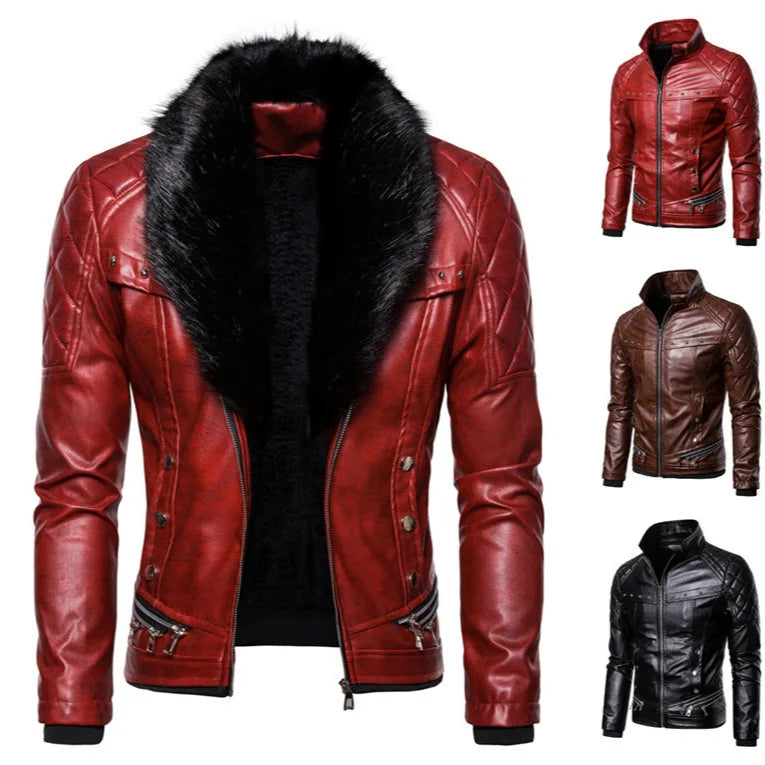 New Winter Fleece Motorcycle Leather Jacket Men Turn Down Fur Collar Slim Fit Warm PU Bomber Jackets Coats Mens Moto Biker Coat