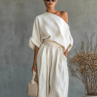 One Shoulder Linen Women Roll Up Sleeve Waist Belt | SAMAG