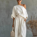 2026 One Shoulder Linen 2 Piece Set Women Roll Up Sleeve Waist Belt High Waist Lantern Pants White Breathable Casual Daily Beach