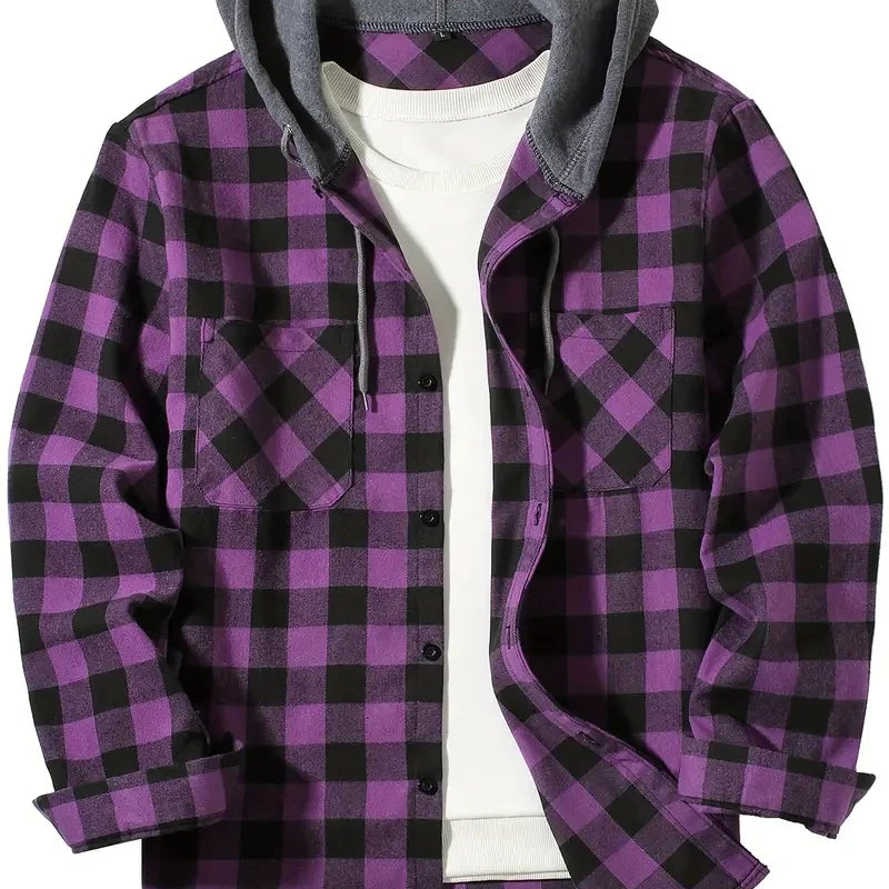 Youth Fashion Street Hooded Plaid Shirt Men's Slim Fit | SAMAG