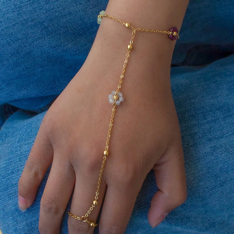 Stainless Steel Colorful Crystal Beads Flower Hand Chain Bracelet for Women Summer Dopamine Finger Ring Link Chain Beach Jewelry