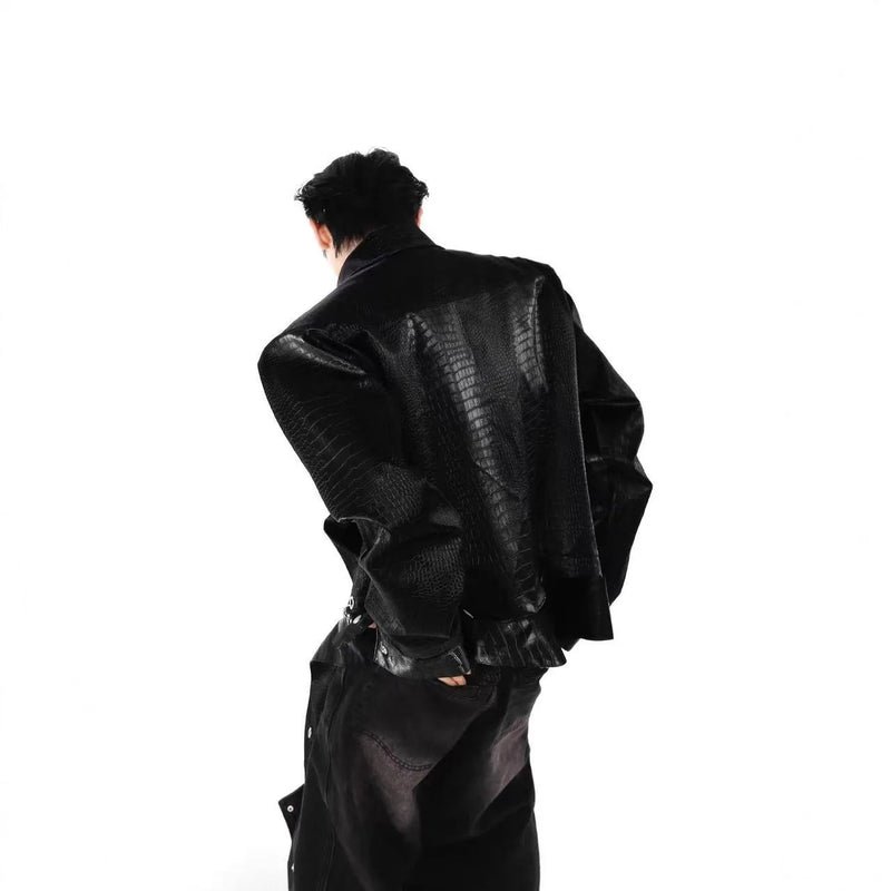 TIFICY Crocodile Patterned Shoulder Pad PU Leather Jacket Men's Patchwork Design High-end Black Jackets Top Men Clothing