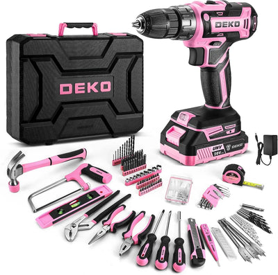 DEKO Pink Drill Tool Kit Set: 20V Cordless Power Box with Battery Electric Driver | SAMAG