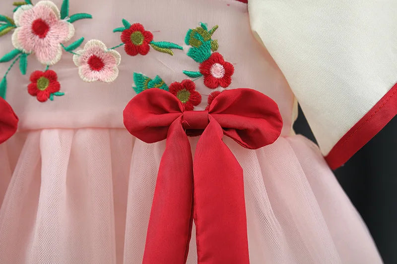Summer Children Clothes Vintage Chinese Style Embroidered Baby Party Mesh Dresses For Toddler Girl 0 To 3 Years Kids Costume
