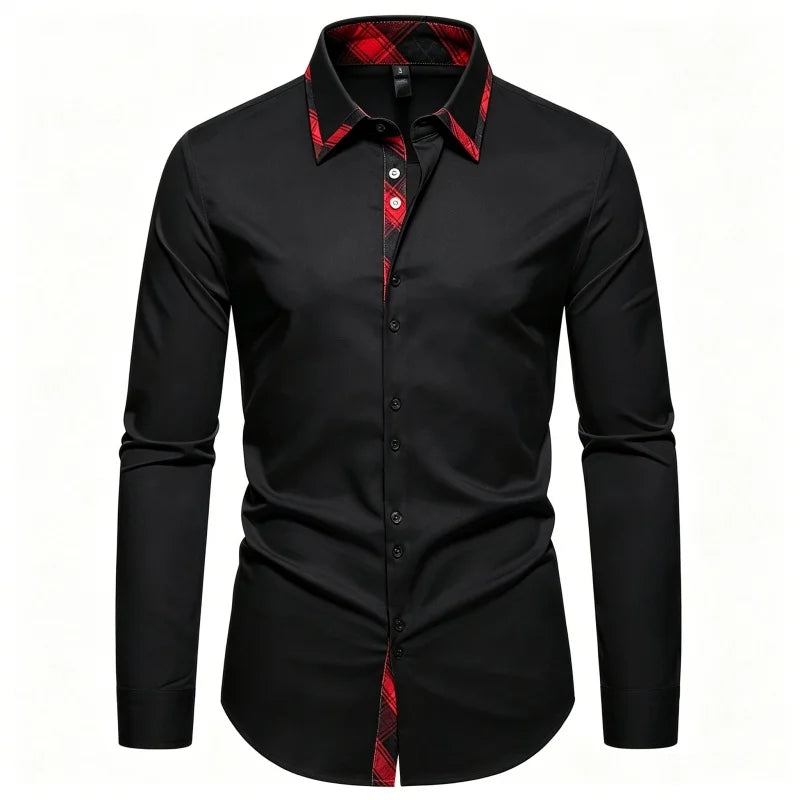 Men's Slim Fit Dress Shirt Plaid Patchwork Collar Long | SAMAG