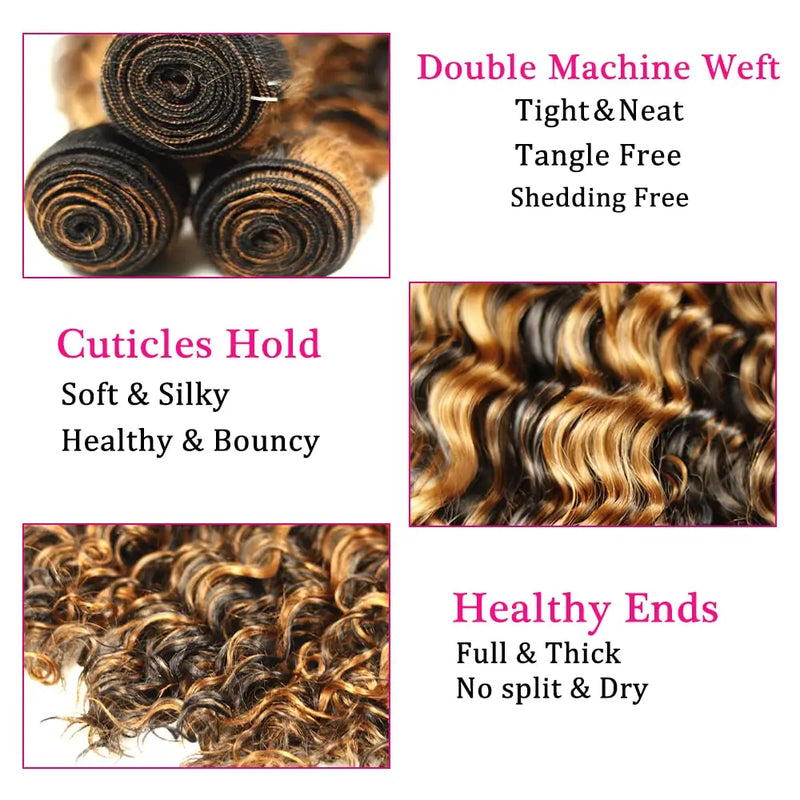 Highlight Water Wave Bundles P4/27 Honey Blonde Water Wave Human Hair Bundles 1/ 3 / 4 Bundles 30 Inch Deep Curly Wet and Wavy