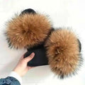 Women Real Raccoon Fur Slides Fluffy Luxury Furry Open Toe Slippers Indoor Outdoor Summer Sandals Non Slip Soft Comfy Sole Cozy