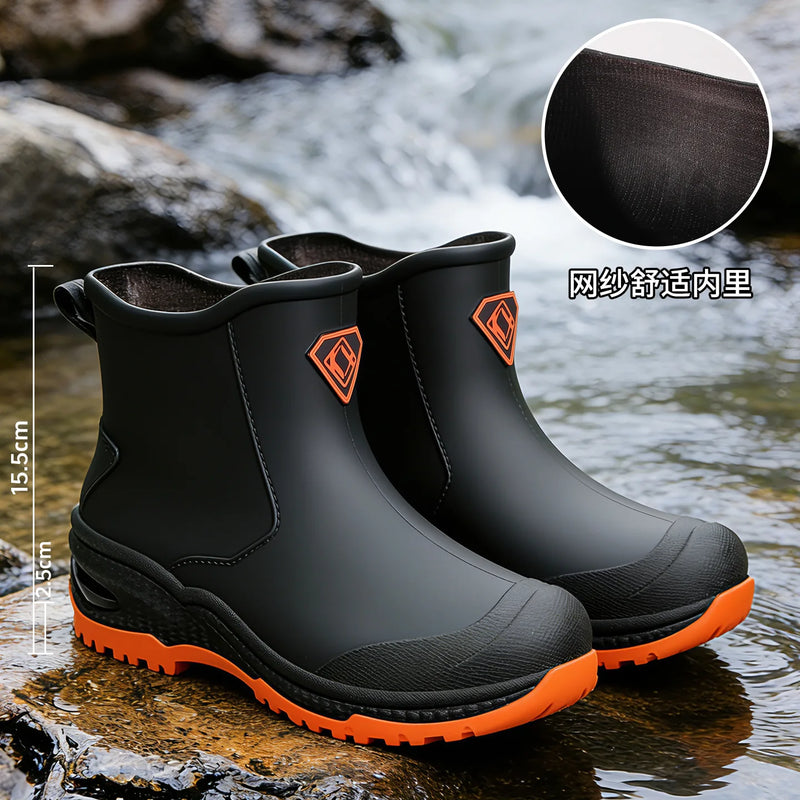 Wear resistant thick soled water boots, military green river tracing men's short boots, rain boots, waterproof men's water shoes