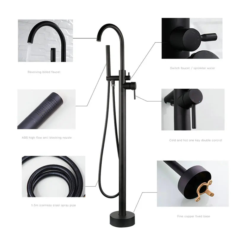 KEMAIDI Golden Plated Bathtub Filler Shower Roman Tub Faucet Set Free Standing Black Bath Shower Systerm Round Spout Mixer Tap