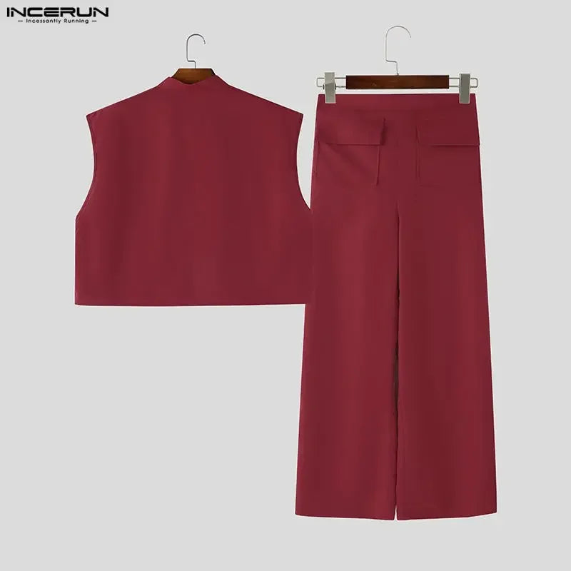 INCERUN Men Sets Solid Sleeveless Crop Tops Shirt Pants | SAMAG
