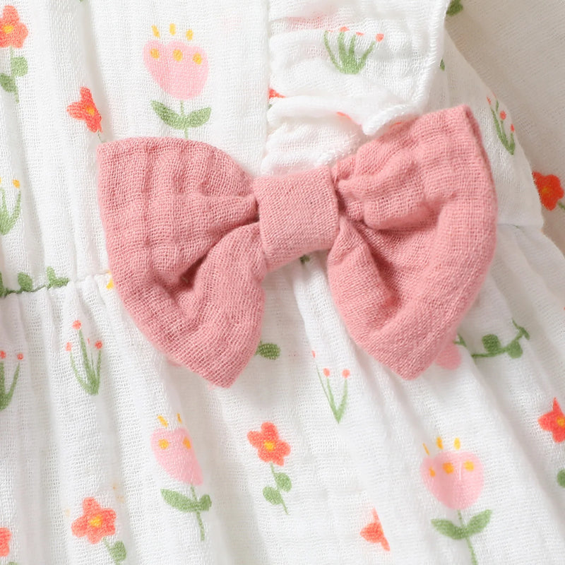 Baby Girl's All Seasons Long Sleeve Print Floral With Bow Daily Jumpsuit For Newborn-6M Clothes +Headband