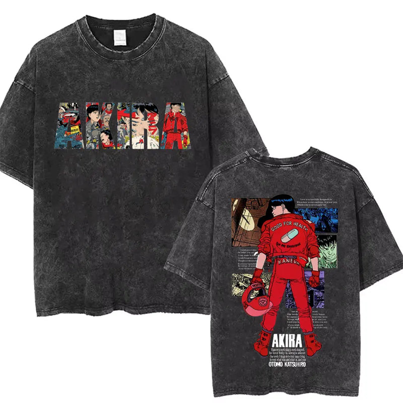 Washed Retro Japanese Anime Akira Print 100%Cotton Men Woment T-shirt Summer Autumn Daily Sports Party Casual Loose Short Sleeve