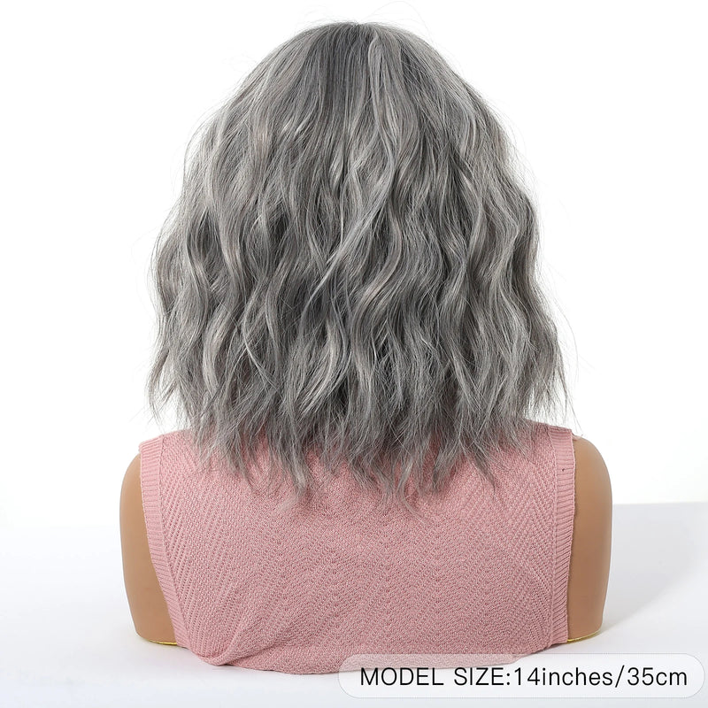 Short Silver Gray Curly Wavy Synthetic Wigs with Bangs for Women Grey Bob Cosplay Party Lolita Natural Hair Wig Heat Resistant