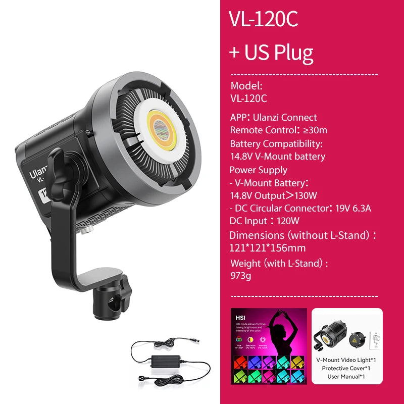 Ulanzi VL-120Bi VL-120C 120W V-Mount COB Video Light Wireless APP Control 2700K-6500K CRI＞95 for Video Photography Studio