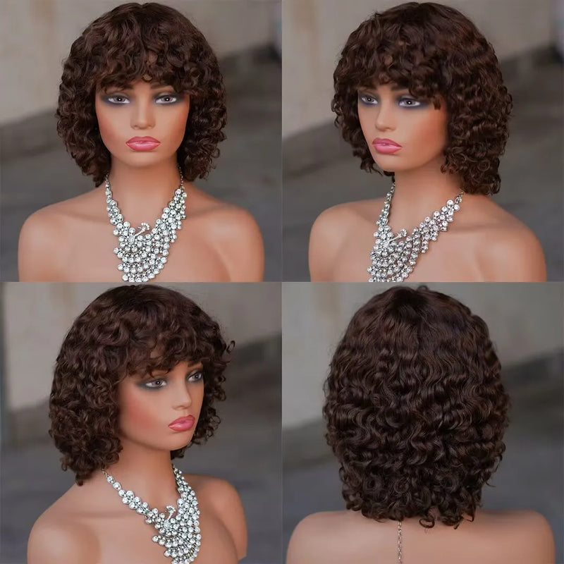 #4 Brown Deep Wave Short Bob Wigs Wear and Go Pre plucked Curly Hair Bob Wig Human Hair Glueless Wigs With Bangs Machine Made