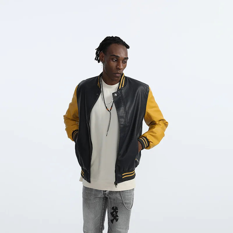 Men's Autumn Casual Baseball Collar PU Leather Jacket Contrasting Large Size Washed Leather Jacket Men's