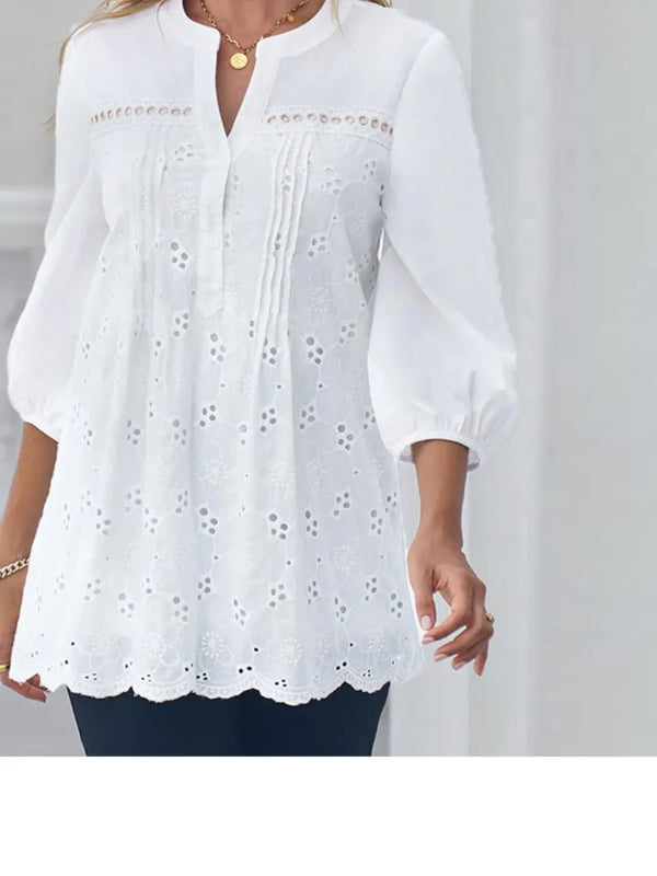 Women's Fashion Shirt Top White Lace Hollow Out V - Neck - View 5 | SAMAG