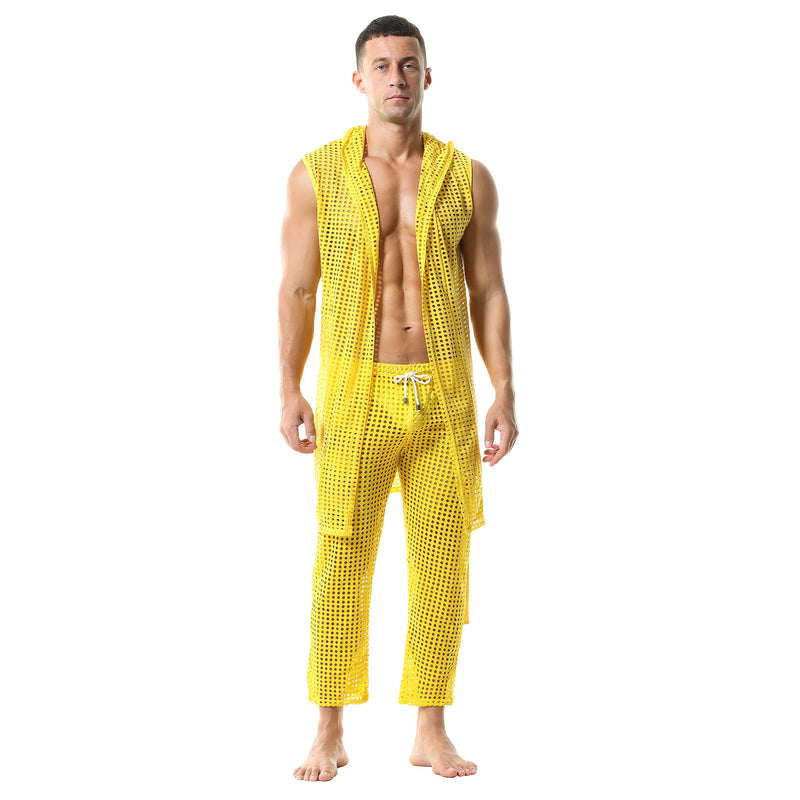 Men's Fishnet Hollow Out Robes Classic Lounge Pants Sexy Sleepwear Mens Robe Sets Daily Home Sleeveless Bathrobes Hooded Pajamas
