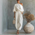 2026 One Shoulder Linen 2 Piece Set Women Roll Up Sleeve Waist Belt High Waist Lantern Pants White Breathable Casual Daily Beach