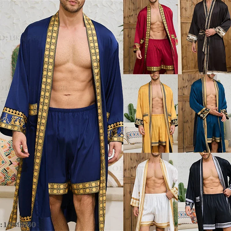 Men Pajama 2PCS Robe Set Spring Summer New Silk Satin Sleepwear Kimono Bathrobe Gown Loose Casual Home Clothing Loungewear