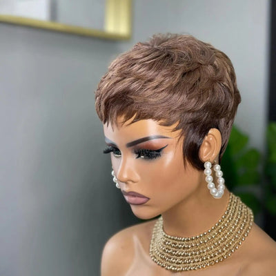 Short Pixie Cut Wig Layered Chocolate Brown Cut  Human Hair Wig 4# Straight Hair Pixie Wigs with Bangs Full Machine Duby Wig