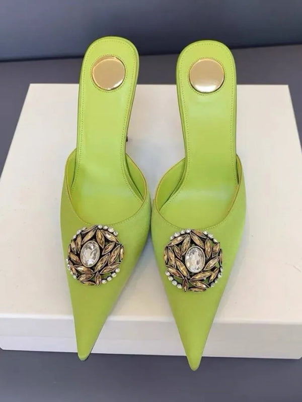 Women's new satin pointed toe toe water diamond high heels slippers party wedding high heels women's sandals