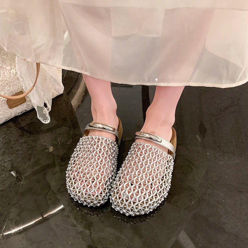 Women Hollow Out Mesh Woven Mules Slides Round Toe Metal Buckle Flat Backless Slip On Casual Summer Sandals Slippers Shoes Woman
