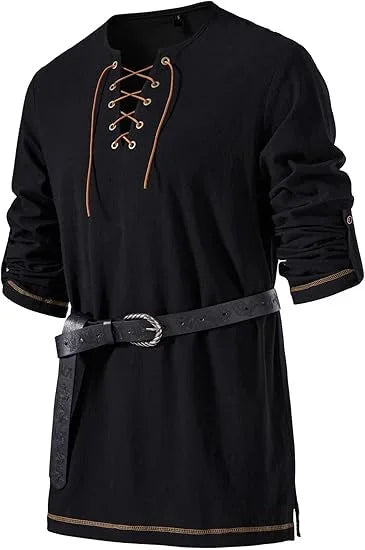 Men Medieval Lace Up Linen Long Sleeve Tunic Viking | SAMAG