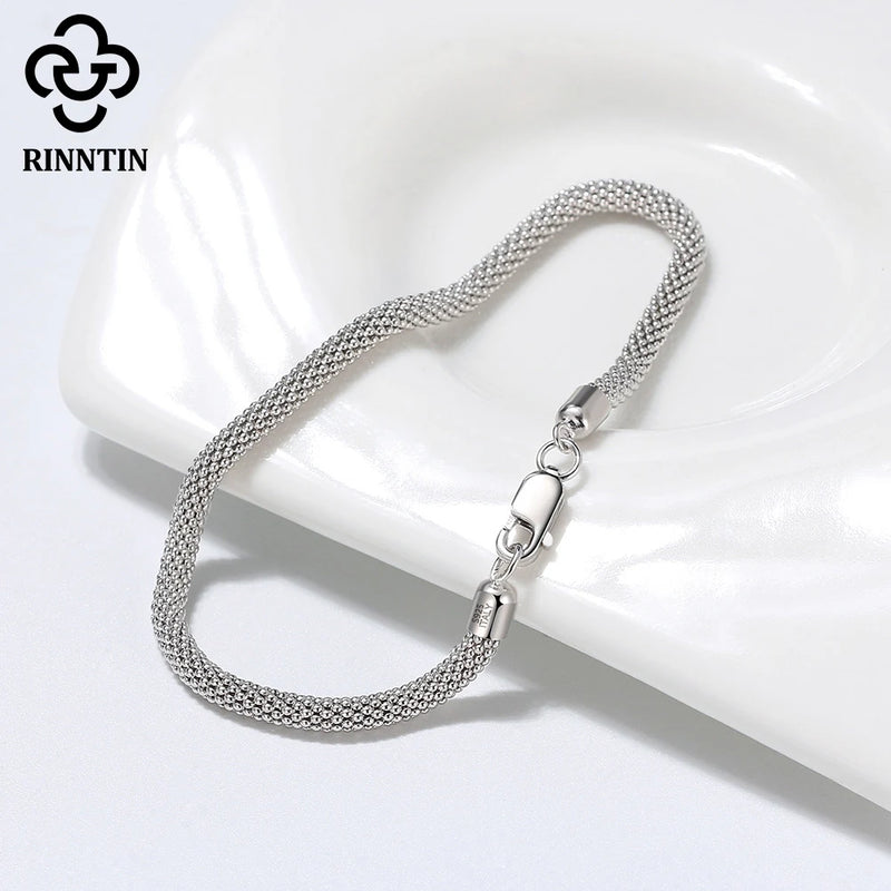Rinntin Italian 925 Sterling Silver 3.0mm Mesh Popcorn Chain Bracelet for Women Jewelry Female Dating Trendy Accessories TSB65