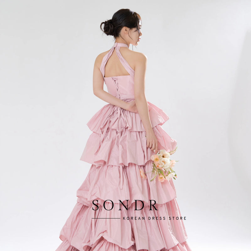 Sondr Tiered Pink Taffeta Halter Wedding Snap Dresses - View 2 | SAMAG