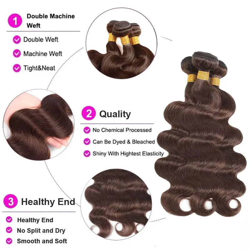 Dark Brown Bundles Color #4 Body Wave Human Hair Bundles Chocolate Brown Double Weft Brazilian Human Hair Sew-In Weave Extension