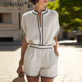 Elegant Striped Piping Set Woman Notch Collar Loose Short Sleeve Blouse & Wide Leg Shorts Suit Daily Beach Summer 2-Piece Outfit