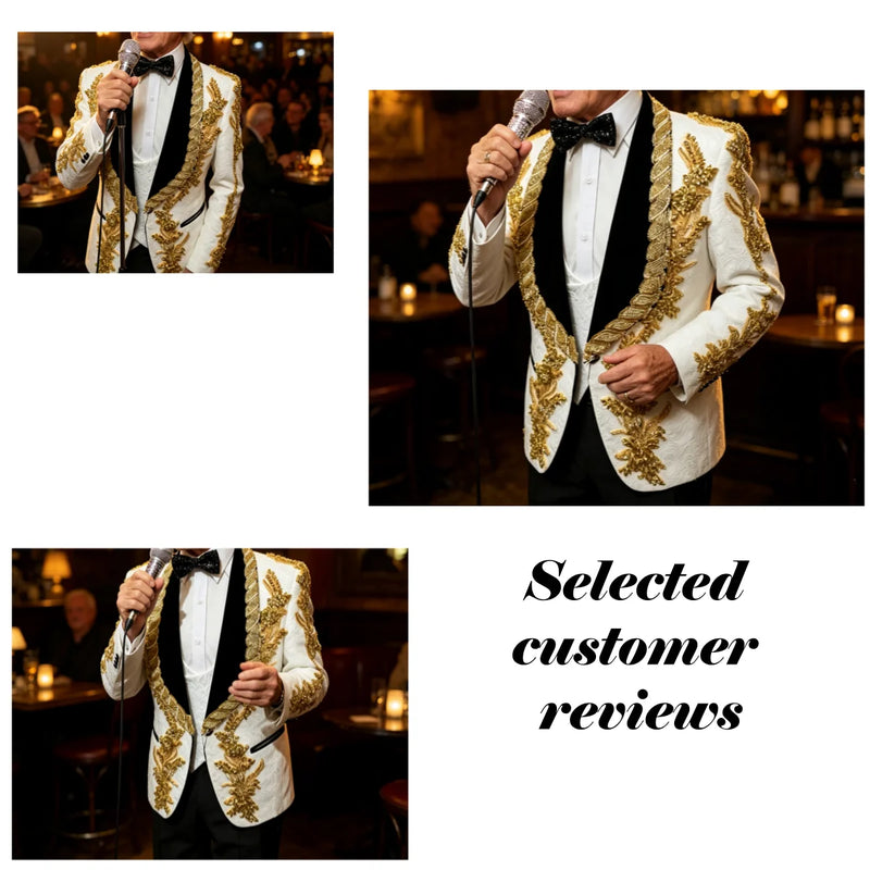 ULBYANRY Jacquard 3-Pieces Suit Including Jacket Vest Pants Suit Attires Luxury Handmade Men's Suit Set with Gold Rhinestones