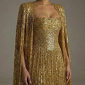 Ofherown Luxury Gold Sequin Evening Gown With Cape | SAMAG