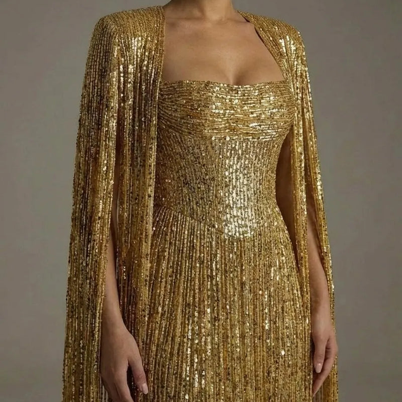 Ofherown Luxury Gold Sequin Evening Gown With Cape | SAMAG