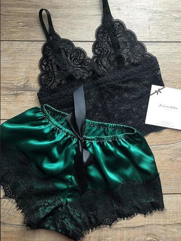 Sexy Womens Lace Sleepwear Lace Nachtkleding Lingerie Sleeveless V-Neck Babydoll Pajamas Set Lingerie Tops Shorts Set Nightwear